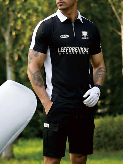 Bộ quần short nam mùa hè mới gồm áo polo, áo thun phối màu tương phản, cổ ve áo, tay ngắn, quần short casual, thoáng khí, mỏng nhẹ, quần cargo mùa hè, quần short Bermuda ngoài trời.