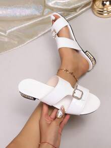 Giày sandal nữ thời trang, thanh lịch, chất liệu da bóng họa tiết da rắn, gót thấp đính đá, thích hợp cho tiệc tùng và kỳ nghỉ. - trắng - Xem 1