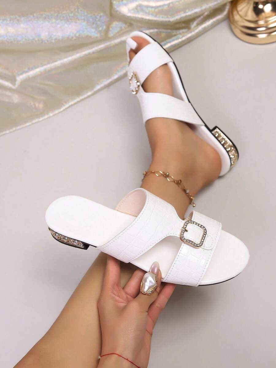 Giày sandal nữ thời trang, thanh lịch, chất liệu da bóng họa tiết da rắn, gót thấp đính đá, thích hợp cho tiệc tùng và kỳ nghỉ. - trắng - Xem 1