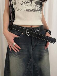 Women's Black Faux Leather Punk Style Belt With Double Rivet Decoration, Multi-Functional Belt - Black - View 2