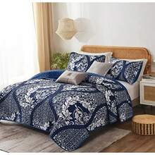 Navy Quilt Set King Size Boho Damask Bedspread Coverlet Set Soft Lightweight Luxury Classical Bedding Set 3 Pieces for All Season 104"x90" - Azul Marino - Ver 3