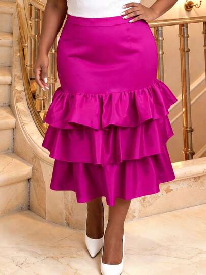 Plus Size Woman Elegant Layered Skirt With Tiered Ruffle Hem For Summer Cocktail Party Wedding Guest Spring