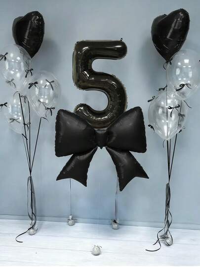 12件套生日装饰套装，包括：黑色大蝴蝶结铝箔气球、40英寸黑色0-9数字气球、18英寸黑色心形气球、透明乳胶气球（含气球丝带），适用于生日派对、周年纪念装饰。