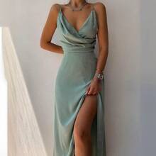 European And American 2026 Summer New Sexy V-Neck Strap Dress With Slit, Fashionable Slim Fit Dress - 綠色 - 查看 3