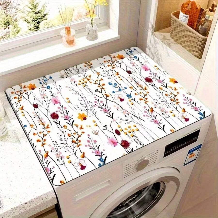 1pc Simple Fresh Floral Pattern Washing Machine Dust Cover, Countertop Absorbent Mat, Refrigerator Pad, Microwave Oven Cover, Soft Diatomite Draining Mat, Anti-Slip Super Absorbent Dish Drying Mat, 19.7*23.6 Inch Modern Washer And Dryer Top Cover, Suitable For Laundry Room, Kitchen, School, Office, Home, Travel, Bags, Storage Organization And More - Multicolor - View 1