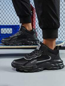 Men's Chunky Black Sneakers Modern Streetwear Design Mesh And Synthetic Leather Casual Shoes For Urban Lifestyle Comfortable All-Day Wear Great Gift Choice - 黑色 - 查看 2