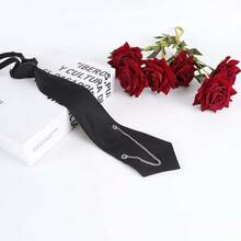 Punk Style Black Tie With Metal Eyelets And Adjustable Elastic Band, Unisex Accessory - Black - View 11