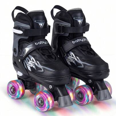 Kids Roller Skates 4 Sizes Adjustable Quad Skates W/Light-Up Wheels For Ages 7-9 Pink