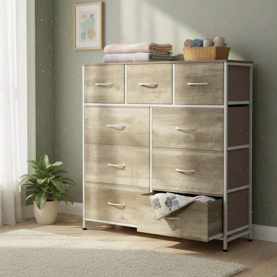 Cómoda Sweetcrispy de 9 cajones, torre de almacenamiento de tela para dormitorio, pasillo, entrada, armario, unidad organizadora alta con contenedores de tela, estructura de acero, superficie de madera, asa de fácil extracción. - Veta de madera negra - Ver 1