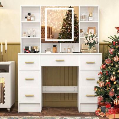Tocador con tablero, cajones, espejo iluminado y armarios potentes, tocador de dormitorio para adolescentes - Organizing Makeup, Skincare, Elegant Vanity|Mueble de tocador decorativo, compacto para espacios pequeños, regalo de decoración para dormitorio, regalo perfecto para mujeres y niñas, para regalos de Navidad y Halloween.