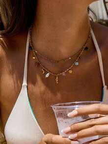 1条18K镀金多层彩色项链，配有海马、海星、心形、太阳吊坠，优雅波西米亚风格，适合作为女士礼物 - 多色2 - 查看 1