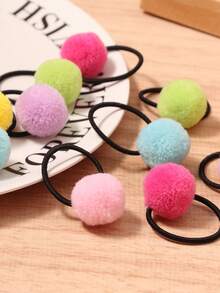 12pcs Pink, Blue, Magenta Pom Pom Hair Scrunchies, Cute Cartoon Hair Ties For Ponytail - Multicolor - View 5