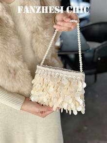 Bolso de mano y bandolera pequeña versátil para mujer con estilo retro francés, diseño de escamas de pez, lentejuelas en forma de nube, bolso de noche blanco sólido, bolso de hombro versátil de alta apariencia para mujer, bolso cuadrado pequeño con cierre de cremallera, con correa para el hombro, diseño de cuentas blancas, se puede llevar en el hombro o a mano, adecuado para chicas que asisten a fiestas, reuniones, viajes, viajes diarios y otras ocasiones. - Beis - Ver 1