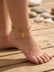 1pc Fashionable Exquisite Gold Stainless Steel Chain Small Turtle Pendant With Zirconia Coconut Tree Pendant Foot Chain Summer Style Fake Style Decorative Foot Chain Accessories - Gold - View 9