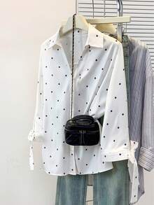 女士七分袖波点衬衫，翻领设计，袖口系带，百搭休闲商务风，适合办公室、通勤、居家及日常穿着，春夏秋季皆宜。 - 白色 - 查看 5