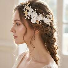 Băng đô cài tóc bằng đất sét mềm màu trắng hình hoa lá đính ngọc trai, phụ kiện tóc cô dâu trong đám cưới. - Vàng - Xem 1