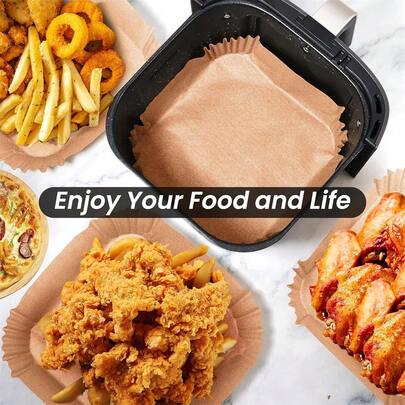 超值装 100 片装不粘空气炸锅垫 - 方形纸垫，适用于烘焙、烧烤和微波炉烹饪 - 易于清洁，让餐厅烹饪更健康，祝您宰牲节快乐！