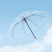 Transparent Disposable Plastic Umbrella, 8 Ribs, White Logo, Long Handle, Clear Umbrella - Multicolor - View 1