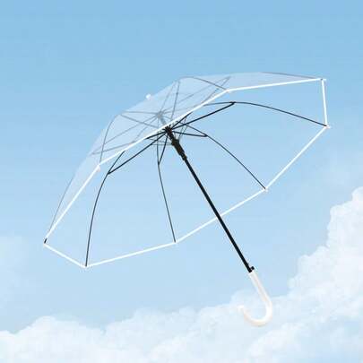 Transparent Disposable Plastic Umbrella, 8 Ribs, White Logo, Long Handle, Clear Umbrella