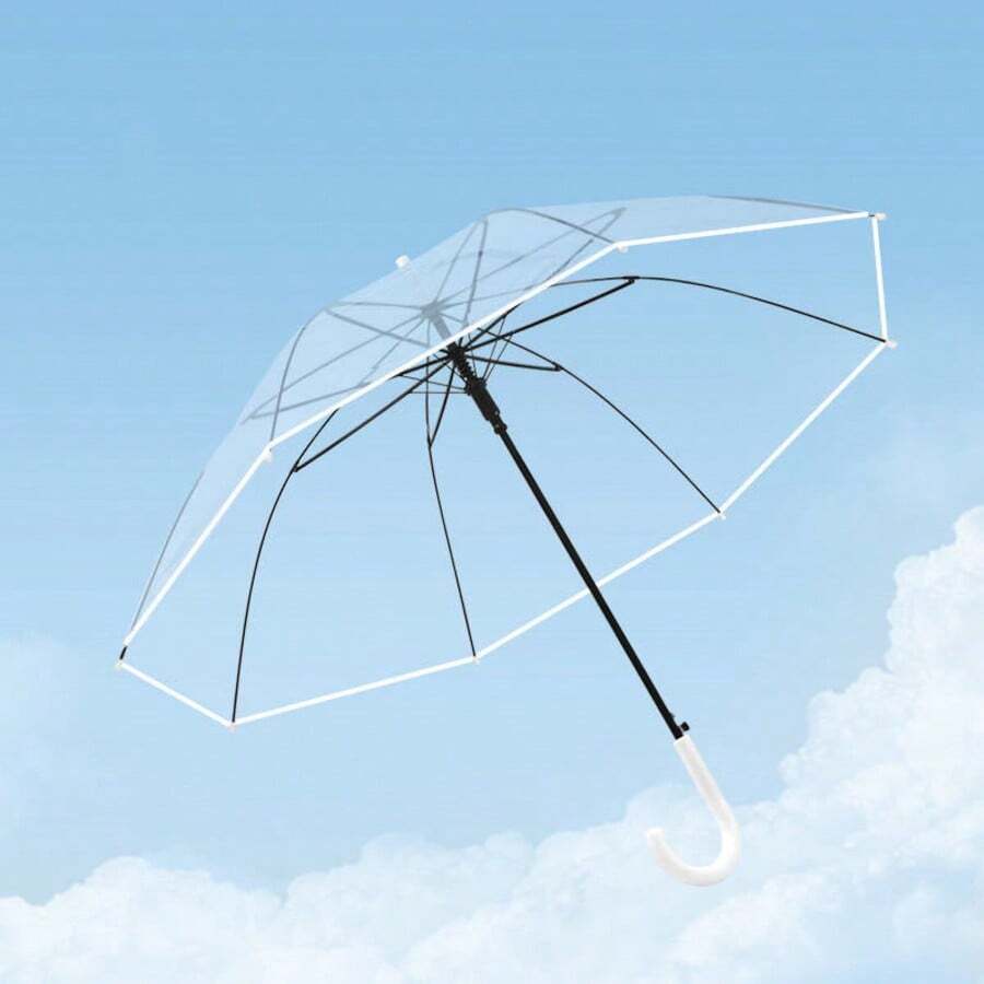 Transparent Disposable Plastic Umbrella, 8 Ribs, White Logo, Long Handle, Clear Umbrella - Multicolor - View 1