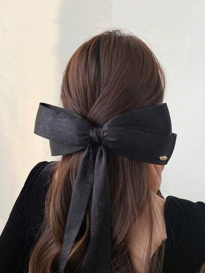 1件装 女士超大黑色蝴蝶结长丝带发夹 优雅百搭，蝴蝶结半系发夹 顶部发夹 发饰 发饰
