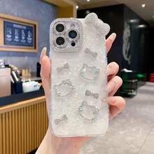 SANRIO 1个时尚创意手机壳，防水防震材质，全息变色爱心，3D水钻猫咪头像，水钻蝴蝶结，动漫风，奢华闪亮，可爱时尚，兼容苹果17系列、11/12/12 Pro、13/14/15、13 Pro/14 Pro/15 Pro、12 Pro Max/13 Pro Max/14 Pro Max/15 Pro Max、16、16 Pro、16 Pro Max、17、17 Pro、17 Pro Max手机壳及保护套，节日、情人节最佳礼物 - 銀色 - 查看 1