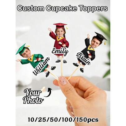 1/10/25/50/100/150pcs Personalized Photo Cake Toppers – Custom Graduates Faces, Customized Graduation Season Photo Ornament, Graduation Commemorative Gift For Her/Him, Fun Custom Toothpick Cupcake Toppers, Graduation Decorations, Unique Party Supplies For Graduation,Weddings, Family Gatherings, And Special Occasions, Warm Gifts For Graduates,Customized Graduation Season Photo Ornament, For Valentine's Day,For Mother's Day,For Birthdays,For Children's Day,For Father's Day,For Graduatio