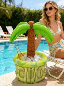 Inflatable Hawaiian Coconut Tree Beer Cooler - Green & Yellow Tropical Pool Party Decor, Summer Coconut Tree Oversized Pvc Inflatable Ice Bucket, Outdoor Swimming Pool Party Beer And Beverage Bucket Party Decoration,Durable Pvc Drink Bucket With Ice Capacity Birthday Celebrations, Beach Accessory, Hibiscus Pattern, Textured Surface - View 4
