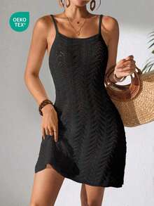Women's Summer Bohemian Ombre Hollow-Out Sexy Sheer Cover-Up Camisole Mini Dress Vacation Beach - màu đen - Xem 3