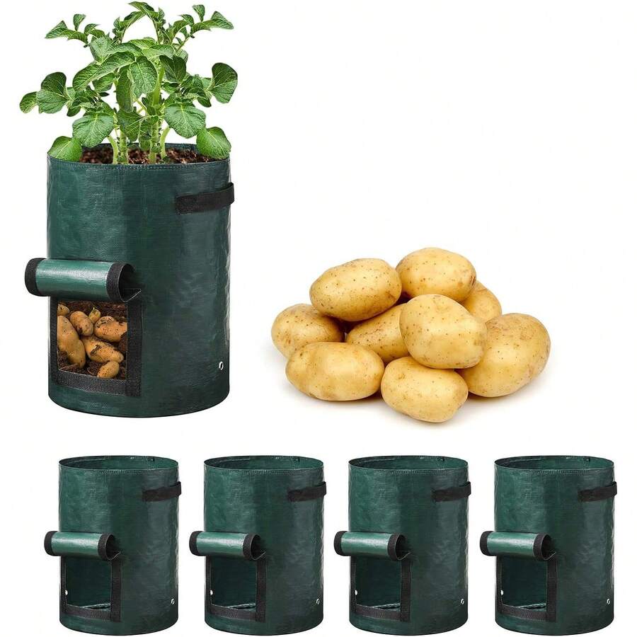 Bộ 4 túi trồng rau củ quả dung tích 10 gallon, có nắp và tay cầm, thích hợp trồng cà chua, trái cây, cà rốt, hành tây, khoai tây, dâu tây và các loại rau khác. Túi trồng có nắp (màu xanh lá cây) - màu xanh lá - Xem 1