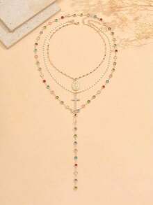 1pc Fashionable Elegant Virgin Mary Embossed Y-Shape Long Necklace, Vintage Religious Cross Pendant Sweater Chain For Women, Suitable For Daily Wear And Gatherings - Gold - 查看 5