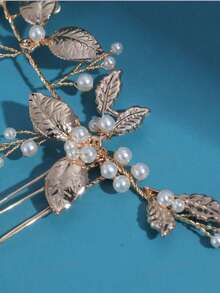 1把极简主义叶子珍珠发梳 - 金色 - 查看 3