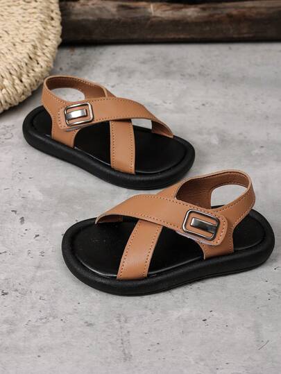 1 Pair Girls' New PU Hook And Loop Design Flat Cute Sandals, Soft Non-Slip Children Beach Shoes, Fashion Versatile Student Sports Sandals, Suitable For Summer