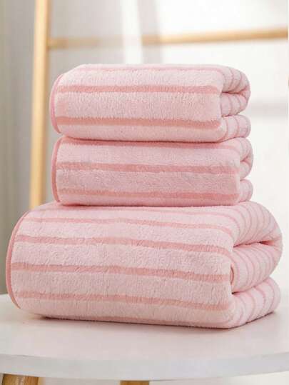 3/1 منشفة حمام/منشفة وجه من الفليس المرجاني المخطط ماصة وناعمة وسريعة الجفاف، منشفة يد وجه من الفليس المرجاني ذات ألياف فائقة الرقة وماصة قوية، مناسبة للحمام والمسبح والنادي الرياضي والشاطئ