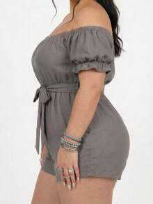 Short Romper Plus Size  Off-The-Shoulder Gringa Fashion Summer Ruched Sleeves Bow Fitted Casual Wear Shopping Holidays - Grey - View 10