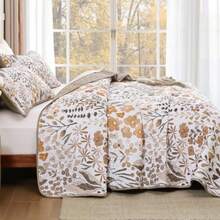 Quilt Set King Size 3 Pieces Brown Floral Quilt Sets Reversible Bedspreads Bedding Set Soft and Cozy Microfiber Lightweight Quilt Flower Plant Bed Coverlet Sets for All Season King 104"x90" - Marrón - Ver 4