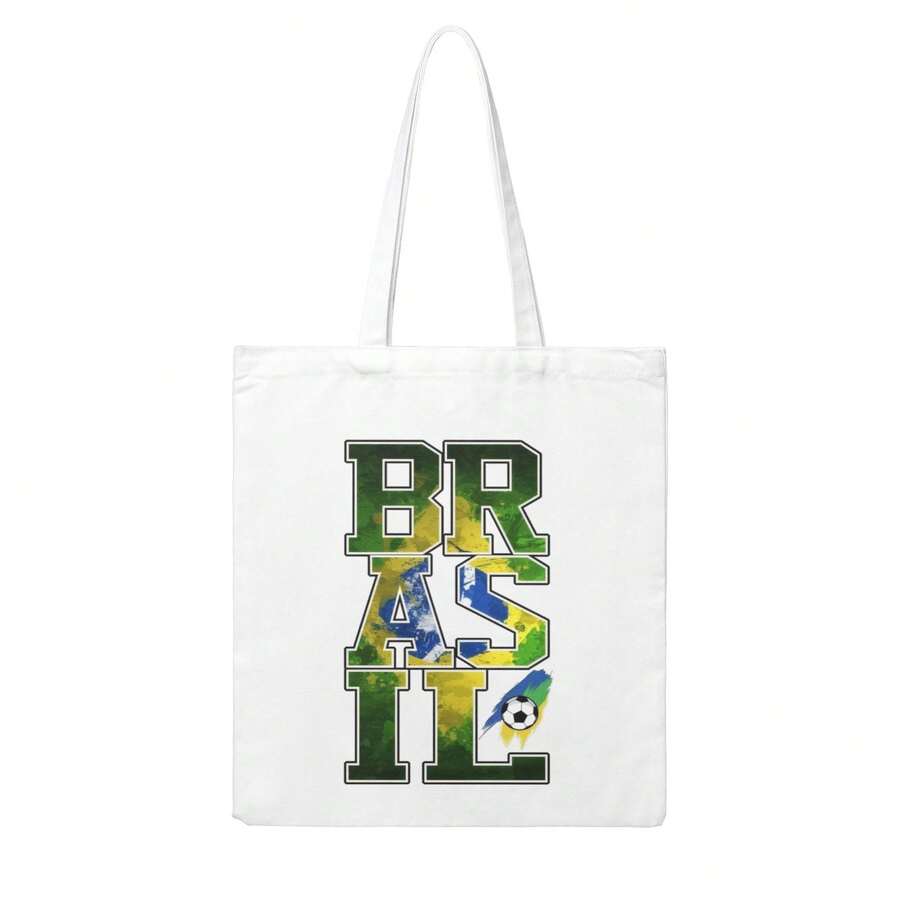 Brazil National Team BRASIL Letter Canvas Tote Bag, 2026  World Cup Reusable Shopping Bag For Seleção Fans, Vintage Casual Shoulder Bag - 白色 - 查看 1