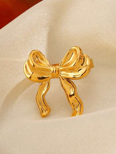 1 pezzo Anello aperto stile vintage con fiocco, placcato oro 18K in acciaio inossidabile, adatto per uso quotidiano, appuntamenti e viaggi delle donne