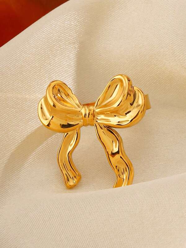 1 pieza Anillo abierto de estilo vintage con lazo, chapado en oro de 18K, acero inoxidable, adecuado para uso diario, citas, viajes de las mujeres