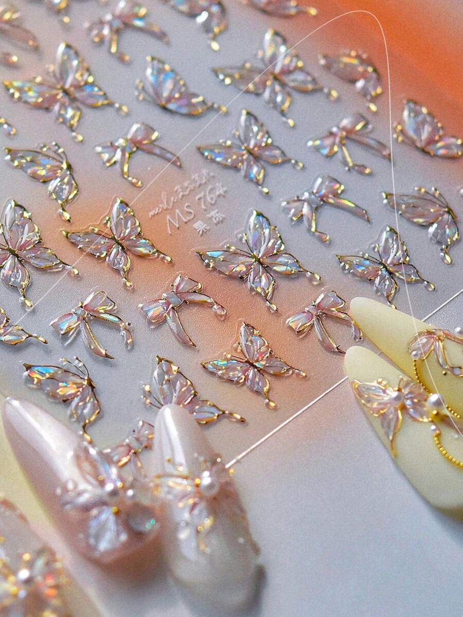 1pc Shiny Butterfly Nail Art Sticker, Delicate Butterfly Nail Sticker, DIY Thin Hard Nail Decoration Sticker Nail Stickers - Multicolor - View 1