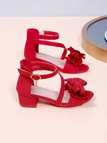 1 par de sandalias de tacón alto de verano para niñas, tacón grueso de punta puntiaguda, decoración de lazo de doble capa con strass, tacones altos de moda con tiras trenzadas rojas, adecuados para fiestas y reuniones - Rojo - Ver 7