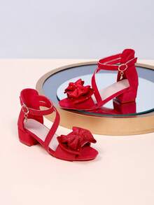 1 par de sandalias de tacón alto de verano para niñas, tacón grueso de punta puntiaguda, decoración de lazo de doble capa con strass, tacones altos de moda con tiras trenzadas rojas, adecuados para fiestas y reuniones - Rojo - Ver 5