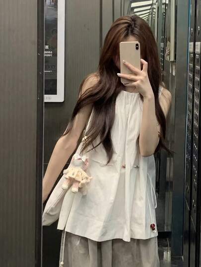  [Y6Y] 女士夏季无袖背心，圆领腰部串珠抽绳设计，适合温柔风格 白色
