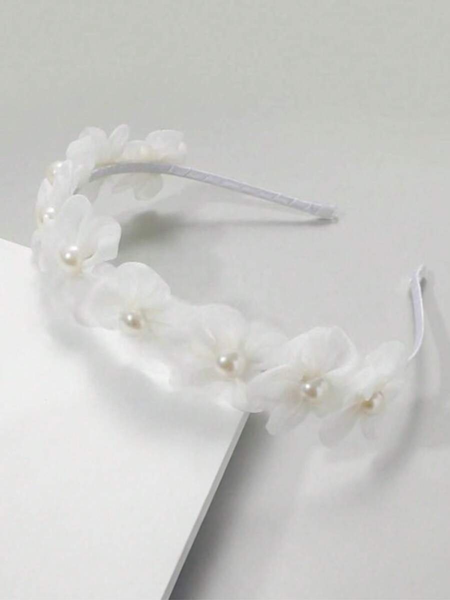1件装女士白色雪纺手工布艺花朵及仿珍珠装饰发箍，适合节日、派对及日常佩戴。 - 白色 - 查看 1