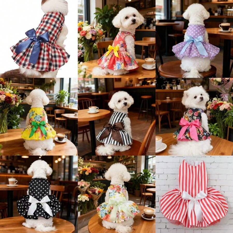 1pc Cute Pet Cat Dog Dress, One-Piece Outfit, Polka Dot & Ditsy Floral, Multicolor Random Style, Pet Clothing - Multicolor - View 1
