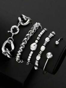 5pcs Vintage Exaggerated Minimalist Old Coin Design Layered Chunky Chain Beaded Bracelet Set, Suitable For Date, Party, Ball, Holiday, Daily Outfit, Party/Festival Gift For Women - 銀 6 - 查看 3