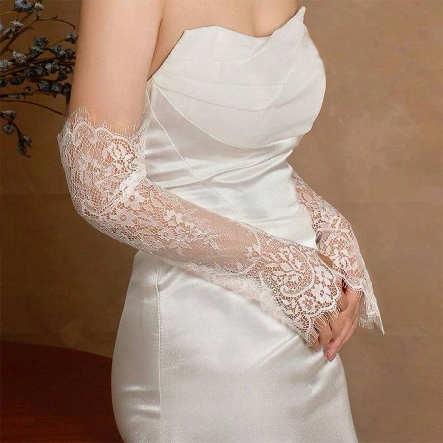 蕾丝婚纱袖子，柔软蕾丝镂空袖口，新娘礼服配饰，法式复古婚纱装饰，夏季，海滩 - 彩色 - 查看 1