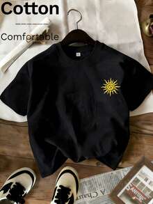 Spring/Summer 2026 Ultra Wide Long Top, Women's 100% Cotton T-Shirt, Funny Frog + Sun + Palm Print, Personalized, Solid Color, Crew Neck, Short Sleeve, Casual, - Black - View 2