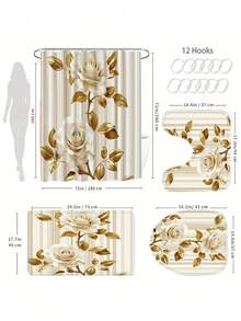 1/4pcs 3D Rose Print Waterproof Shower Curtain With Hooks - Machine Washable Polyester Bathroom Partition - A - View 5