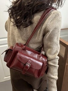 Minimalist Solid Color Shoulder Flap Bag, Classic Textured Crossbody Bag Purse For Women - Red - View 5